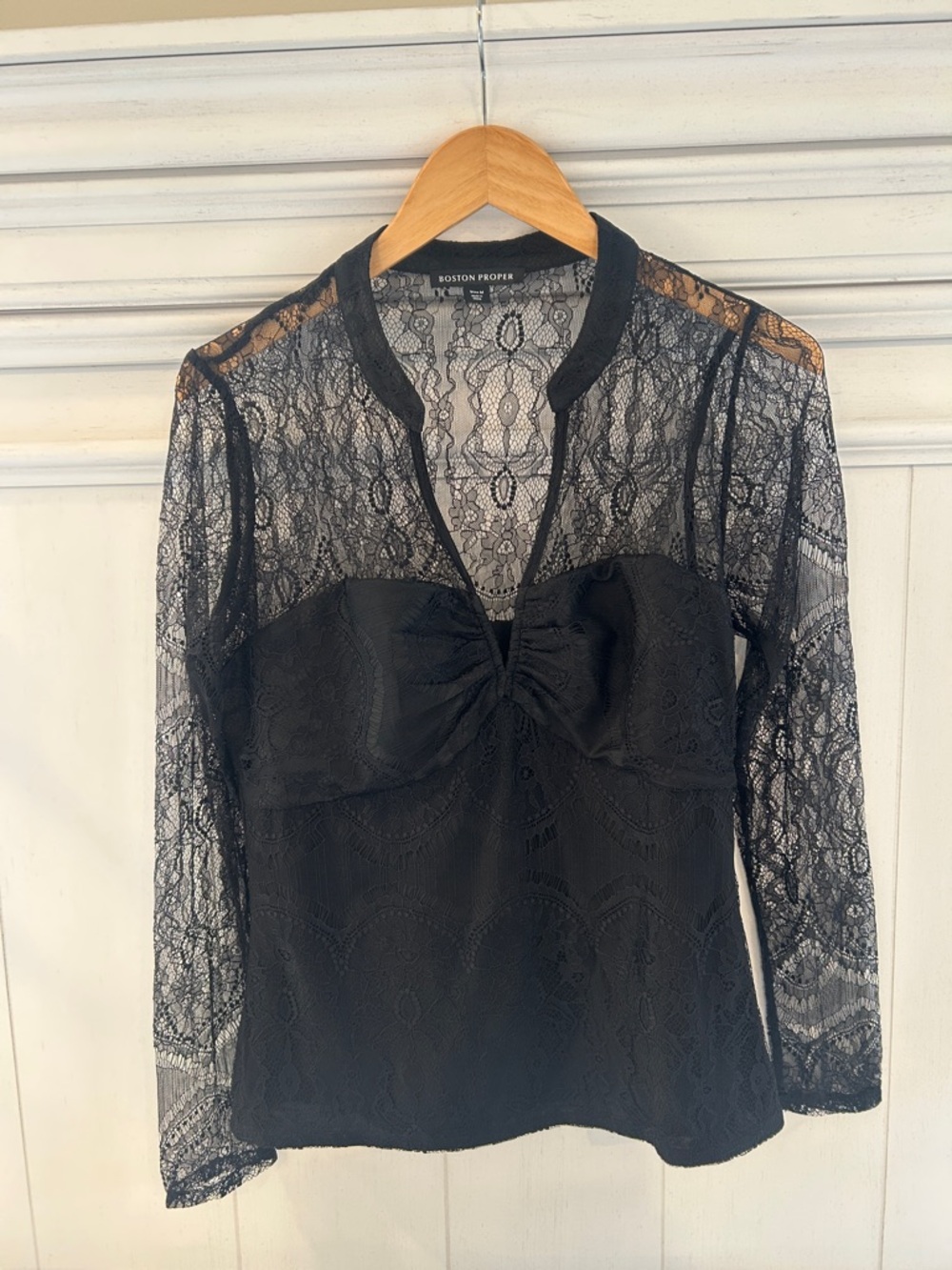 Boston Proper Black Lace Sheer-Sleeve Bodice Top